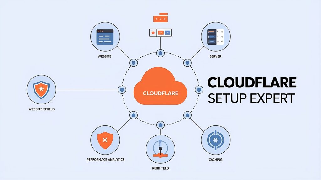 A high-quality digital mockup of a professional WordPress portfolio being optimized with Cloudflare security and Hostinger hosting icons.