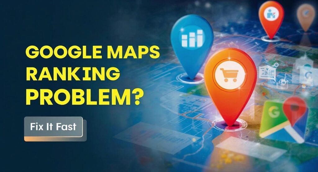 Google Maps ranking problem illustration showing a business not appearing in top local search results and the impact of citation and SEO optimization