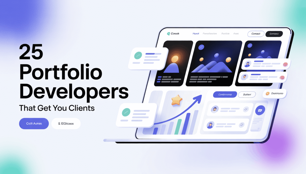 25 Portfolio Developers That Get You Clients - minimalist typography design with sage green geometric shapes and call to action buttons